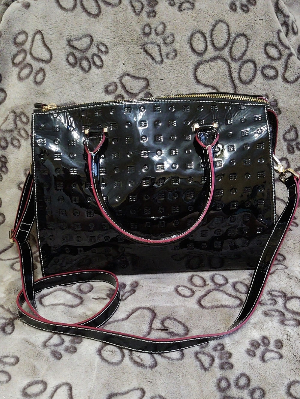 Arcadia Black Patent Satchel with Red Trim